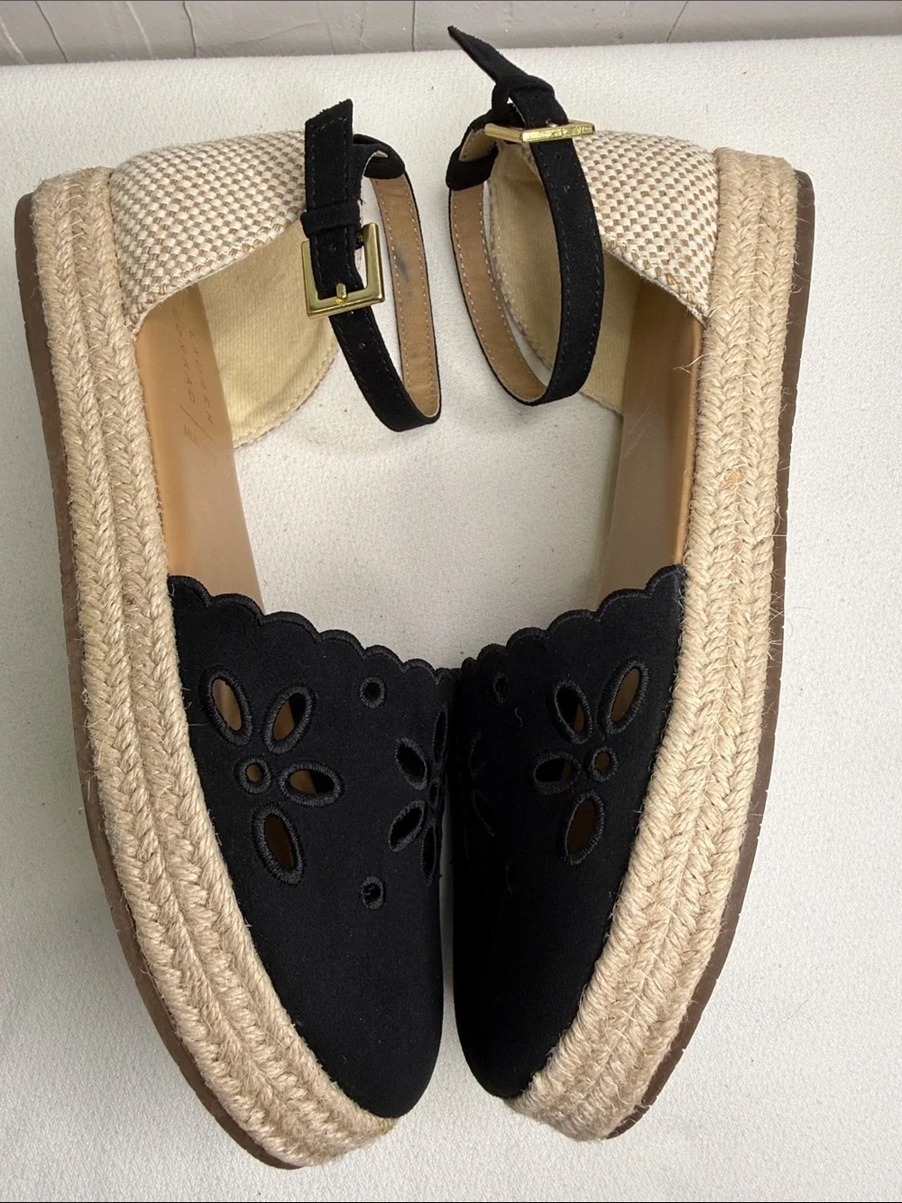 LC Lauren Conrad Black Floral Cutout Espadrille Flats with Ankle Strap